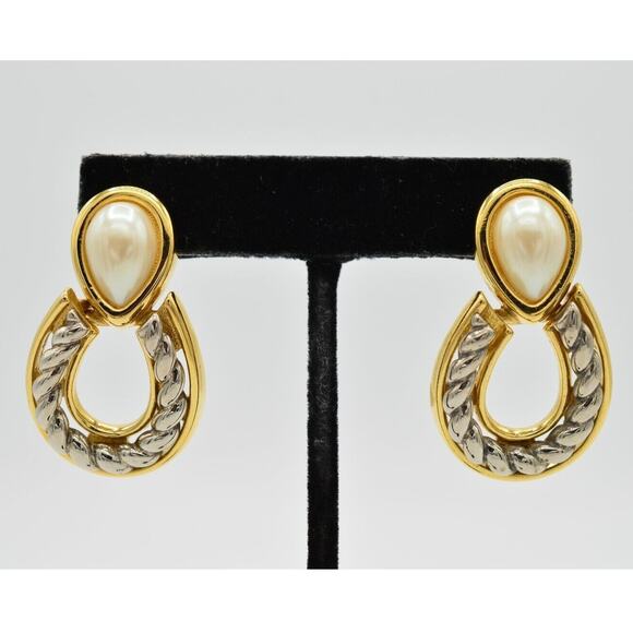 Givenchy Vintage Clip On Earrings Pearl Gold Dangle Door Knocker Signed 80s Bin4 - Picture 1 of 9